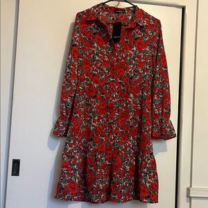 Chic Red Floral Long Sleeve Dress